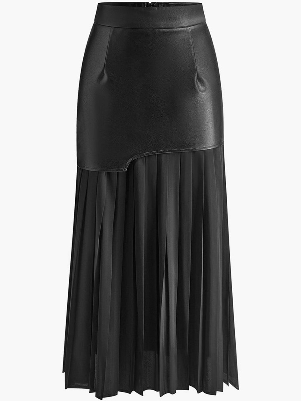 NWT Commense Asymmetric Patchwork Faux Leather Chiffon Pleated Maxi Skirt